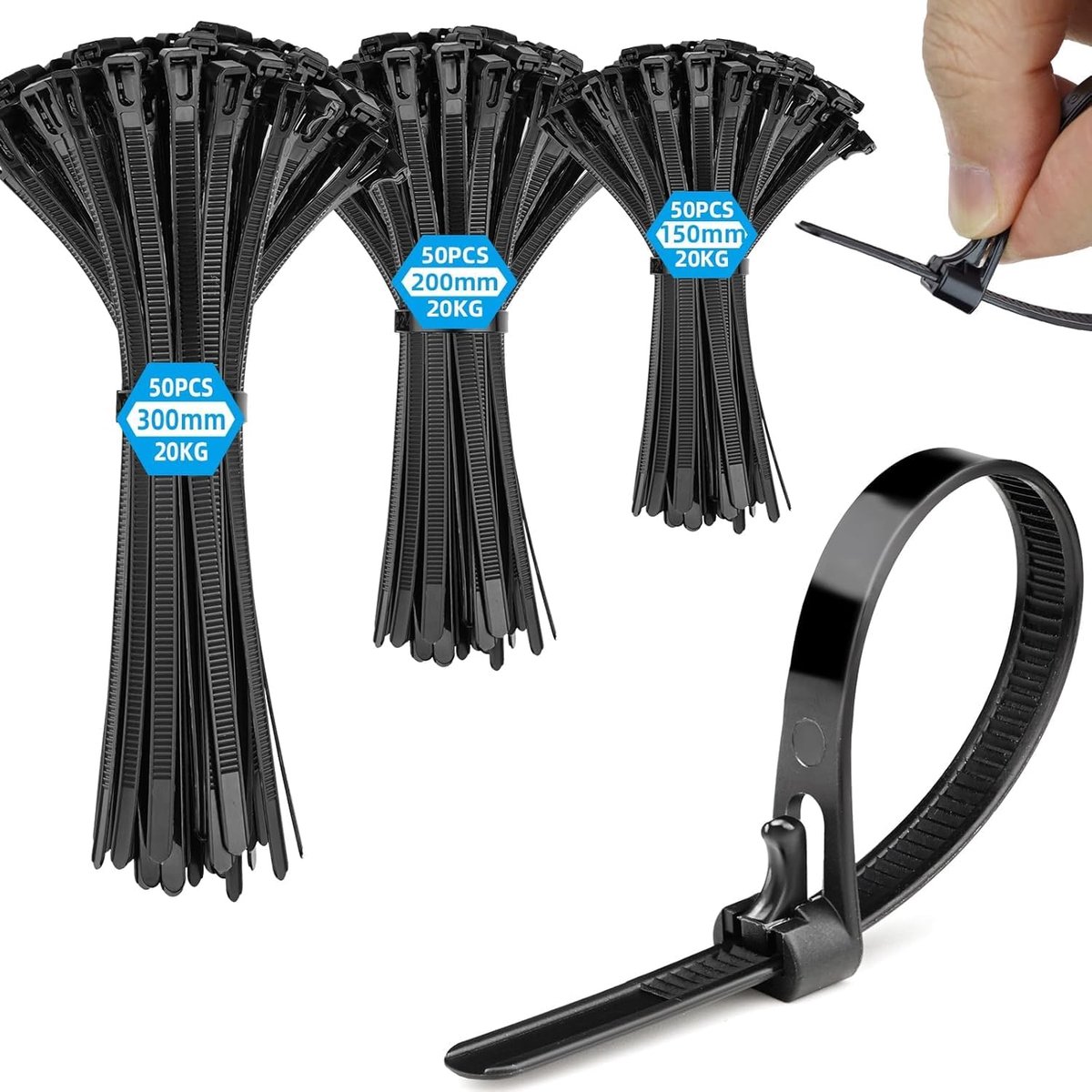 SnelShoppen - Herbruikbare Kabelbinders Zwart 150 Stuks, 150/200/300 mm, Temperatuurbestendig, Breukvast tot 20 kg, Ideaal voor Kabelbeheer, Draad en