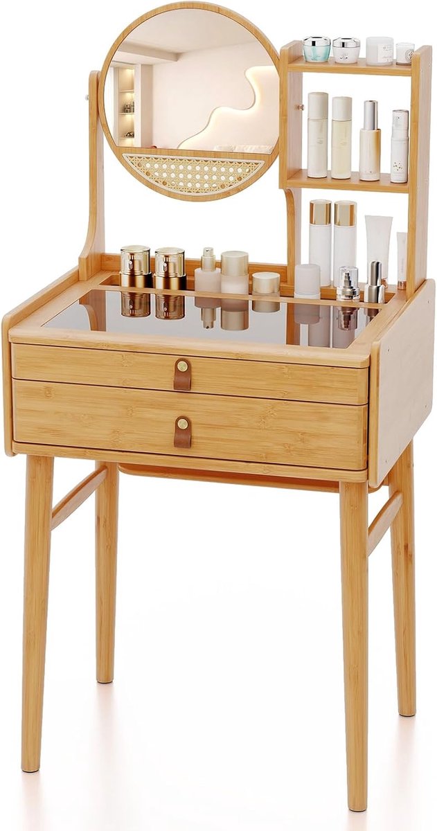 COSTWAY Make-uptafel van bamboe, make-uptafel met verstelbare spiegel, 2 laden en glazen tafelblad, make-uptafel, kaptafel voor slaapkamer, 60 x 46,5 x 122 cm (kaptafel)