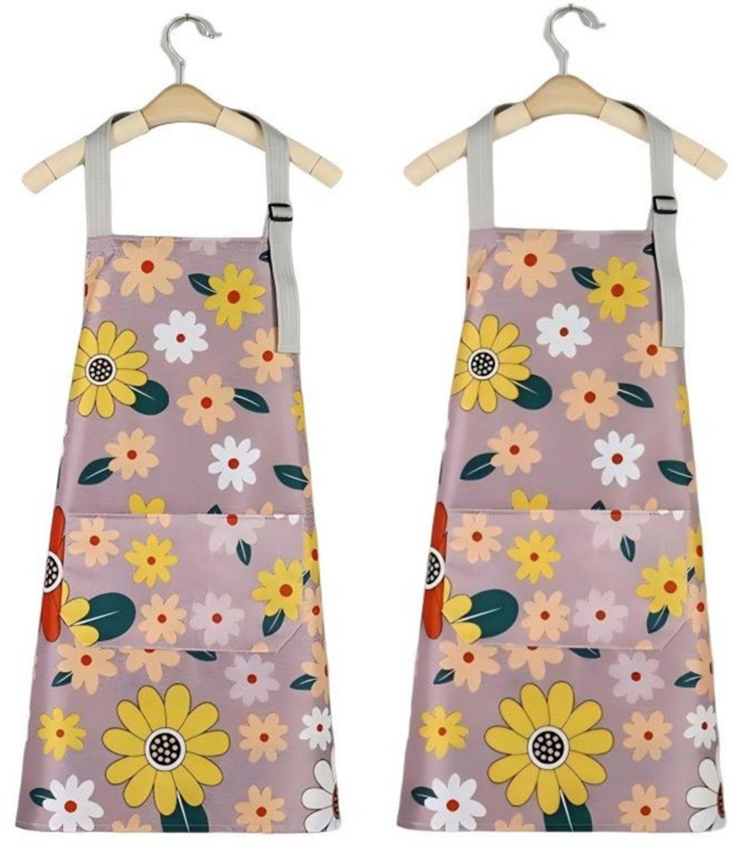 Schort – Set van 2 – 75 x 65 cm – Keukenschort – Schort met bloemenprint – Huishoudschort – Vlekbestendig – Duurzaam – Esthetisch – Minimalistisch – Werkshort – Geschikt voor keuken, schoonmaak, koffiebars, enz.