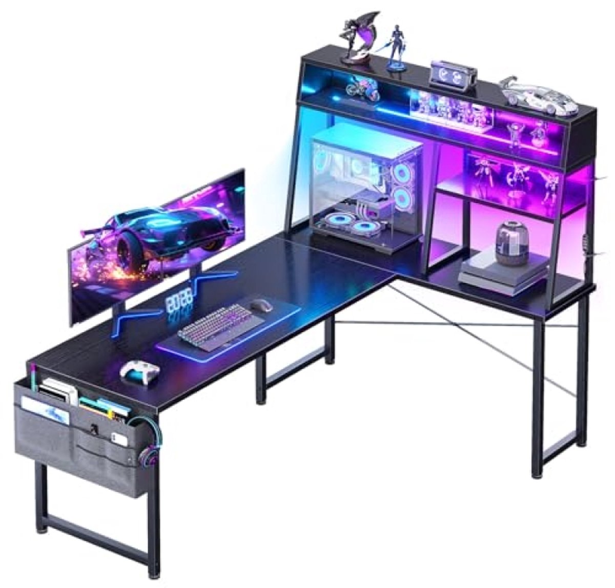 Bureau-Gamingbureau- Met LED-L-vormig-Reversibel Gamerbureau met Planken-Hörnbureau met Opbergtas en Haak voor Gamers-Zwart 130x100cm.