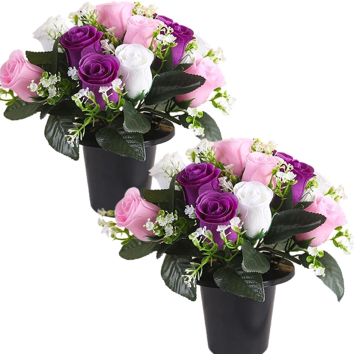 Kunstmatige Grafbloemen - Zijden Rozen Boeket - Buiten Decoratie - Weerbestendig - 2 Stuks - Multi