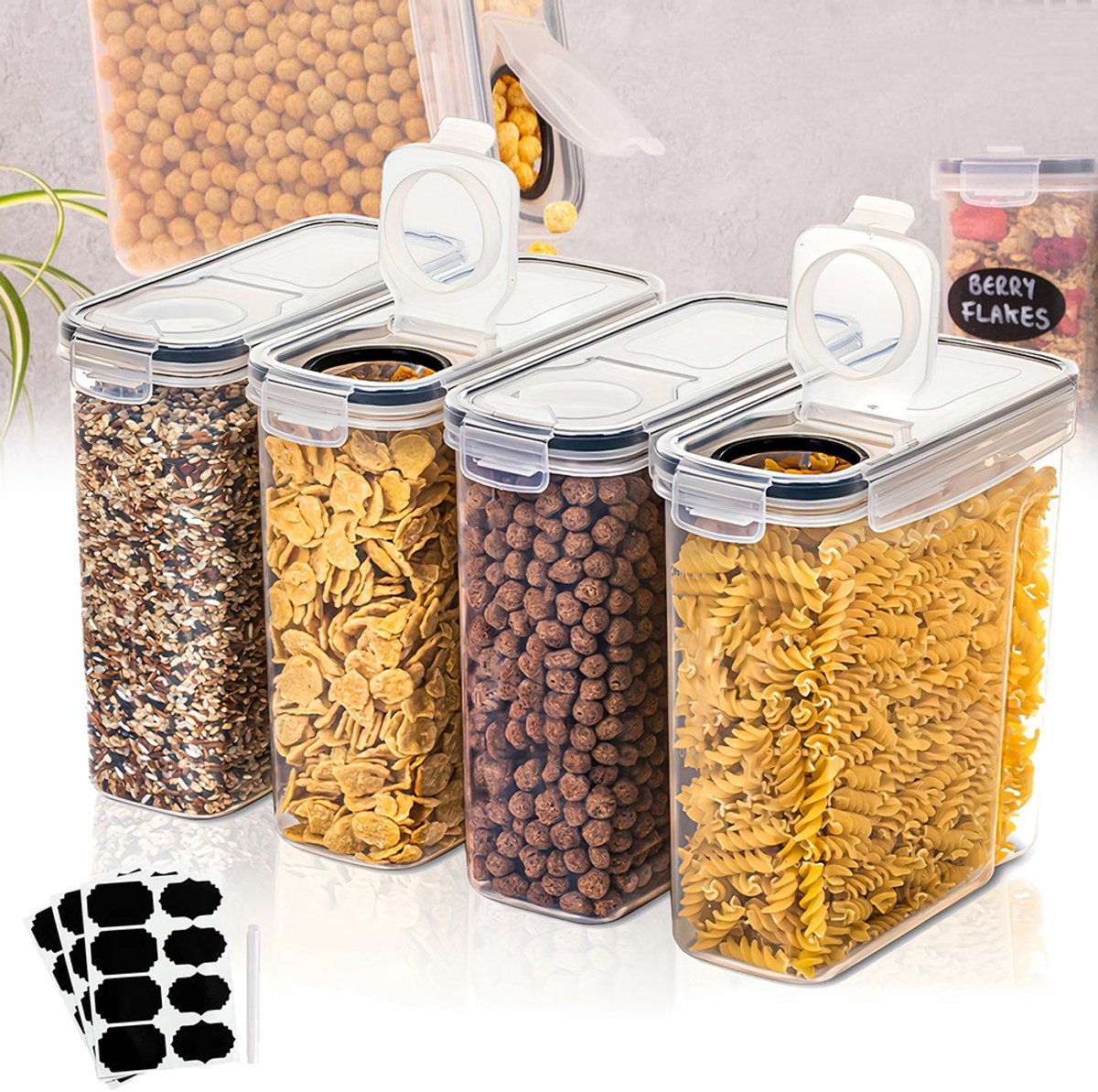 Opbergbakken - 4 liter - 4-delige set - Grote inhoud - Inclusief 1 pen + 3 stickers - Luchtdichte bakken - Afgesloten met deksel - Luchtdichte voedselbewaarbakken - Graanbewaardozen - Opbergbakken voor granen en ontbijtgranen - Transparant