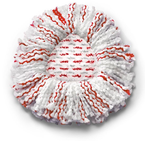 Spinmopkop met witte en rode strengen, met een rood detail in het midden.