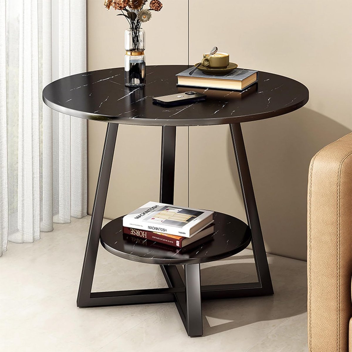 Ronde bijzettafel met 2 niveaus - zwart houten blad en metalen frame - 40 x 55 cm - compacte salontafel voor woonkamer, slaapkamer of balkon