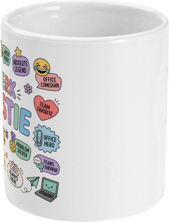 Witte mok met vrolijke illustraties rondom de tekst "WERK BESTIE".