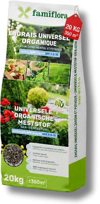 Een zak Famiflora Universele Organische Meststof, 20kg, met rode cirkel met '20KG 350m²'. Text en afbeeldingen van planten en groenten.
