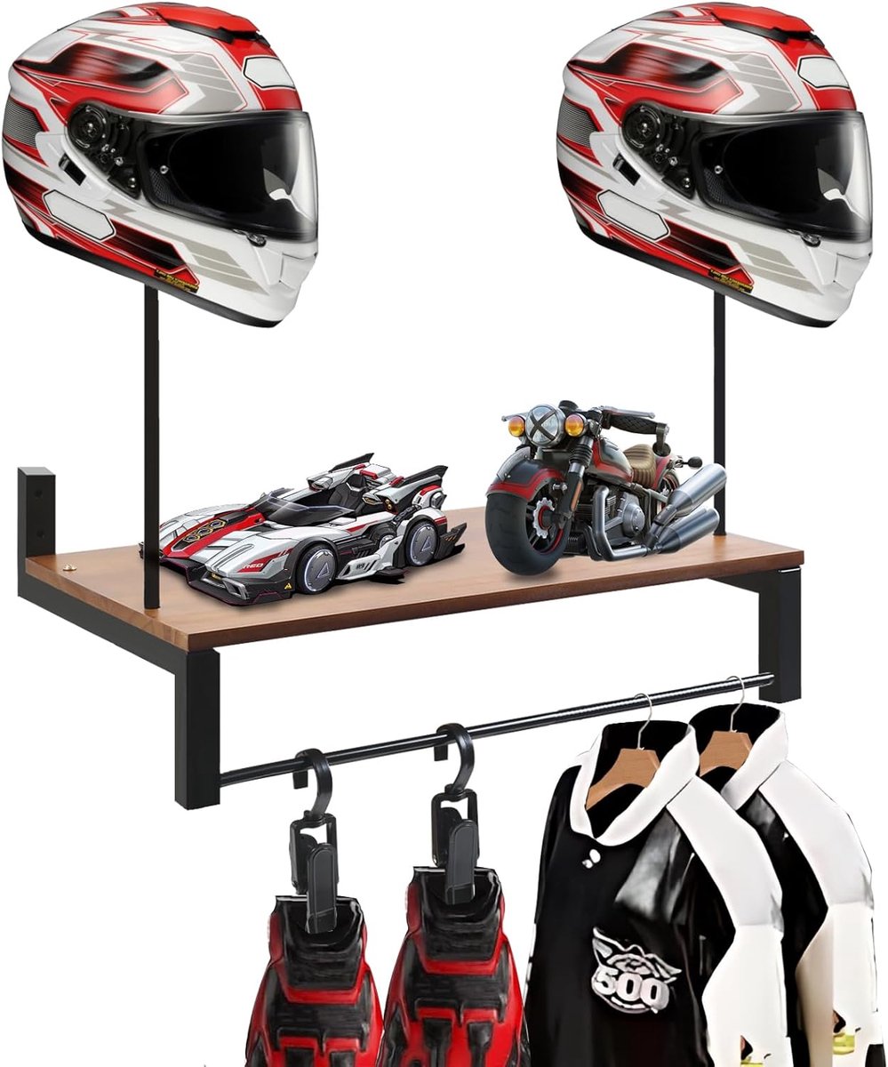 SnelShoppen - Helmet Holder voor 2 Motorhelmen, Multifunctionele Wandhouder voor Helmen, Houten Platstand met 4 Hangclips voor Kleding, Handschoenen e