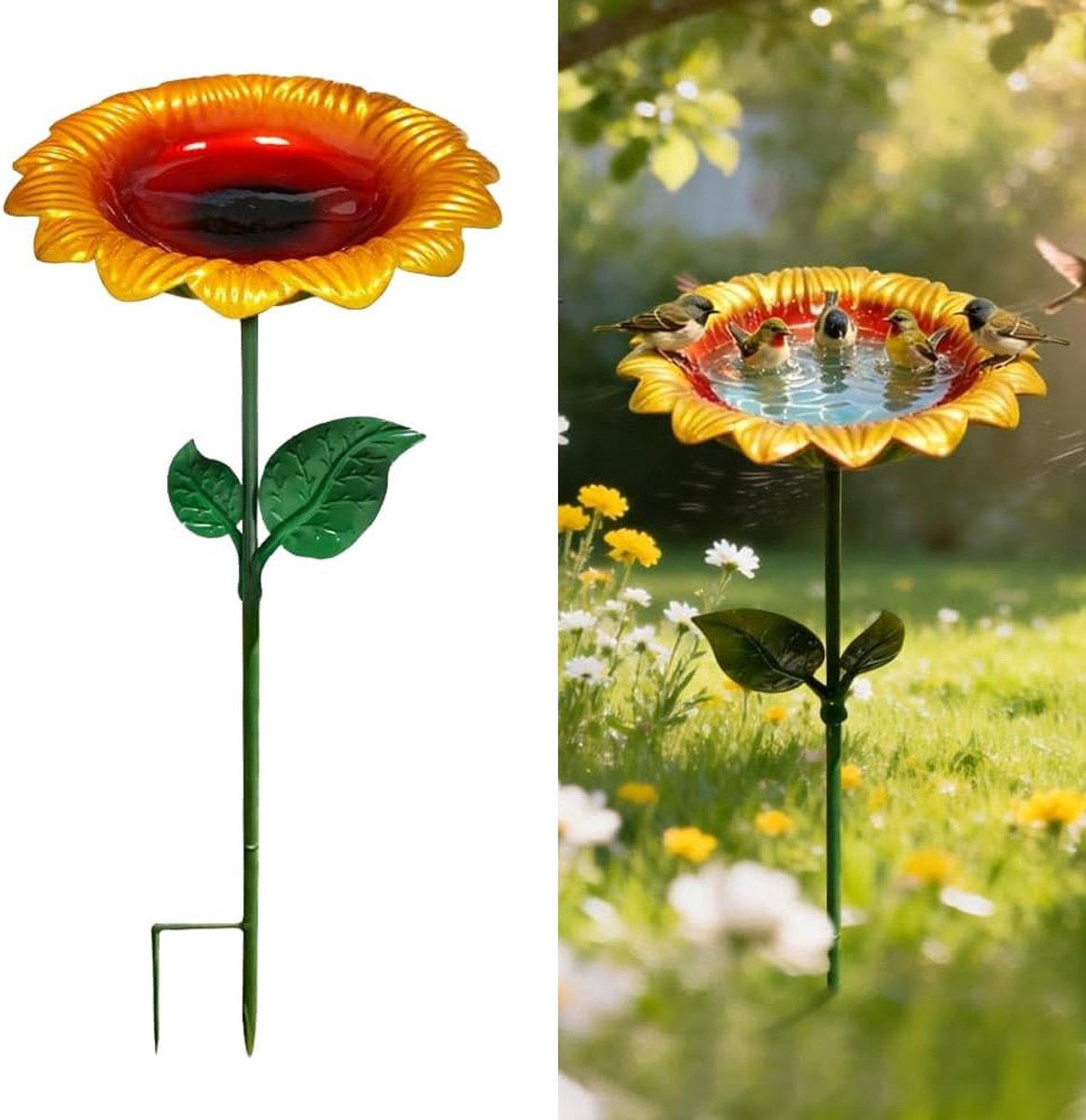 SnelShoppen - Outdoor Tuin Vogelbad met Grondpen, Vogelvoederdispenser, Metaal Vogelbad voor Bijen & Vlinders, Zonnebloem Design