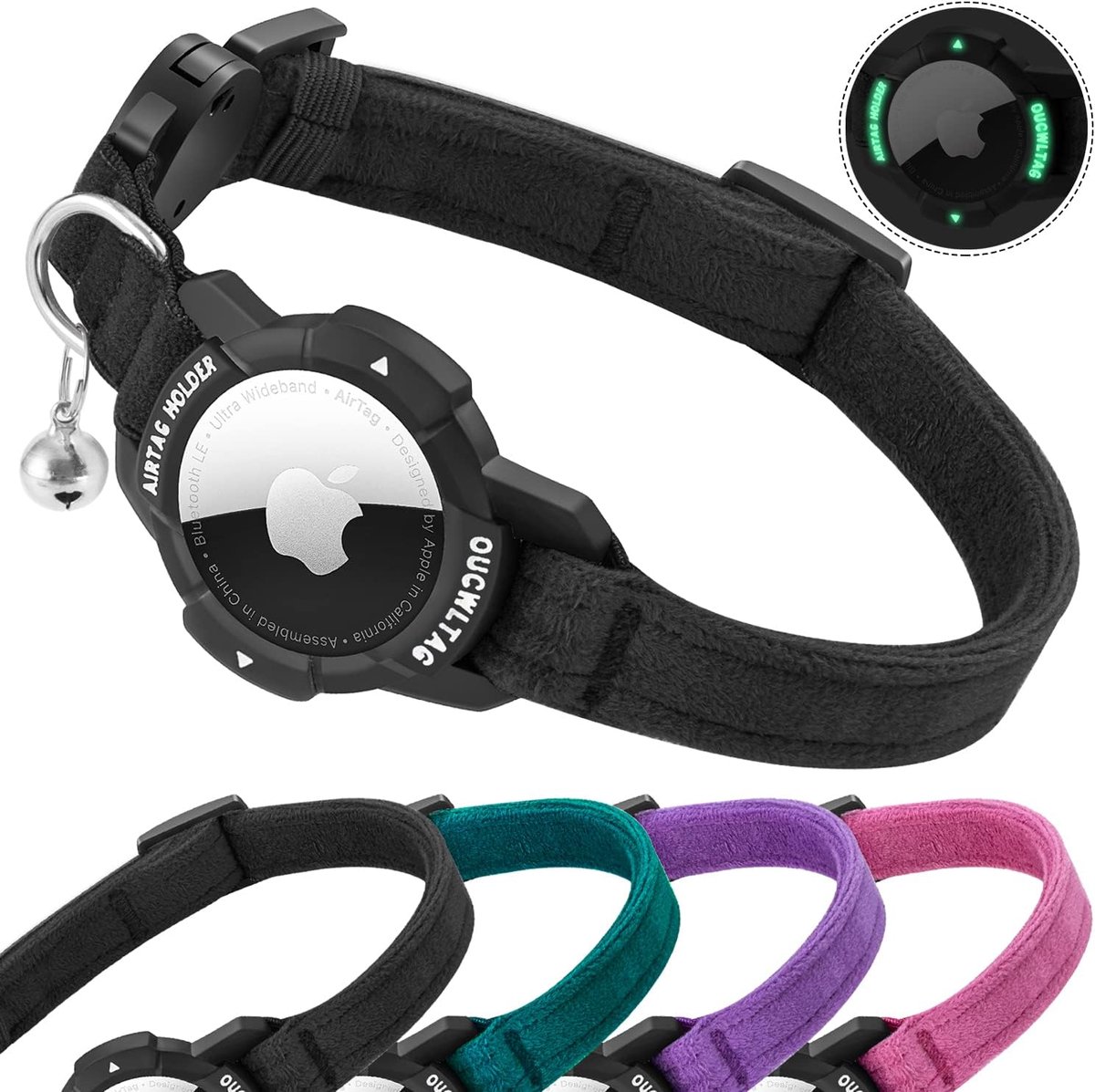 SnelShoppen - AirTag Kattenhalsband met Luminous Apple Air Tag Houder, Veiligheidsluiting, Elastische Band voor Kittens, Katten en Puppies (23-33 cm,