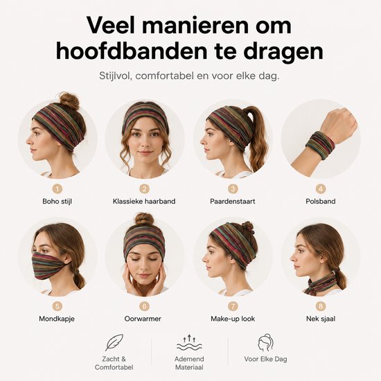 Demonstratie van acht manieren om hoofdbanden te dragen: als boho-stijl, klassieke haarband, paardenstaart, polsband, mondkapje, oorwarmer, make-up look en neksjaal.