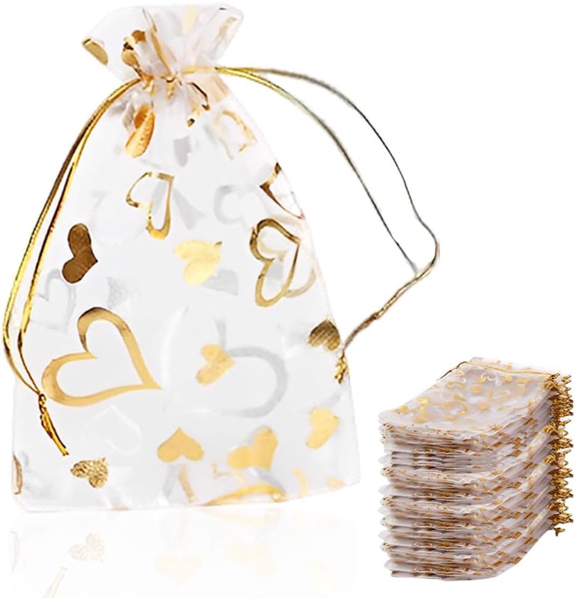 SnelShoppen - 100 Stuks Gouden Hart Organza Tassen 7x9 cm - Luxe Geschenktassen voor Bruiloften, Kerst, Doop, Sieraden, Cadeaus, Lavendel, Met Trekslu