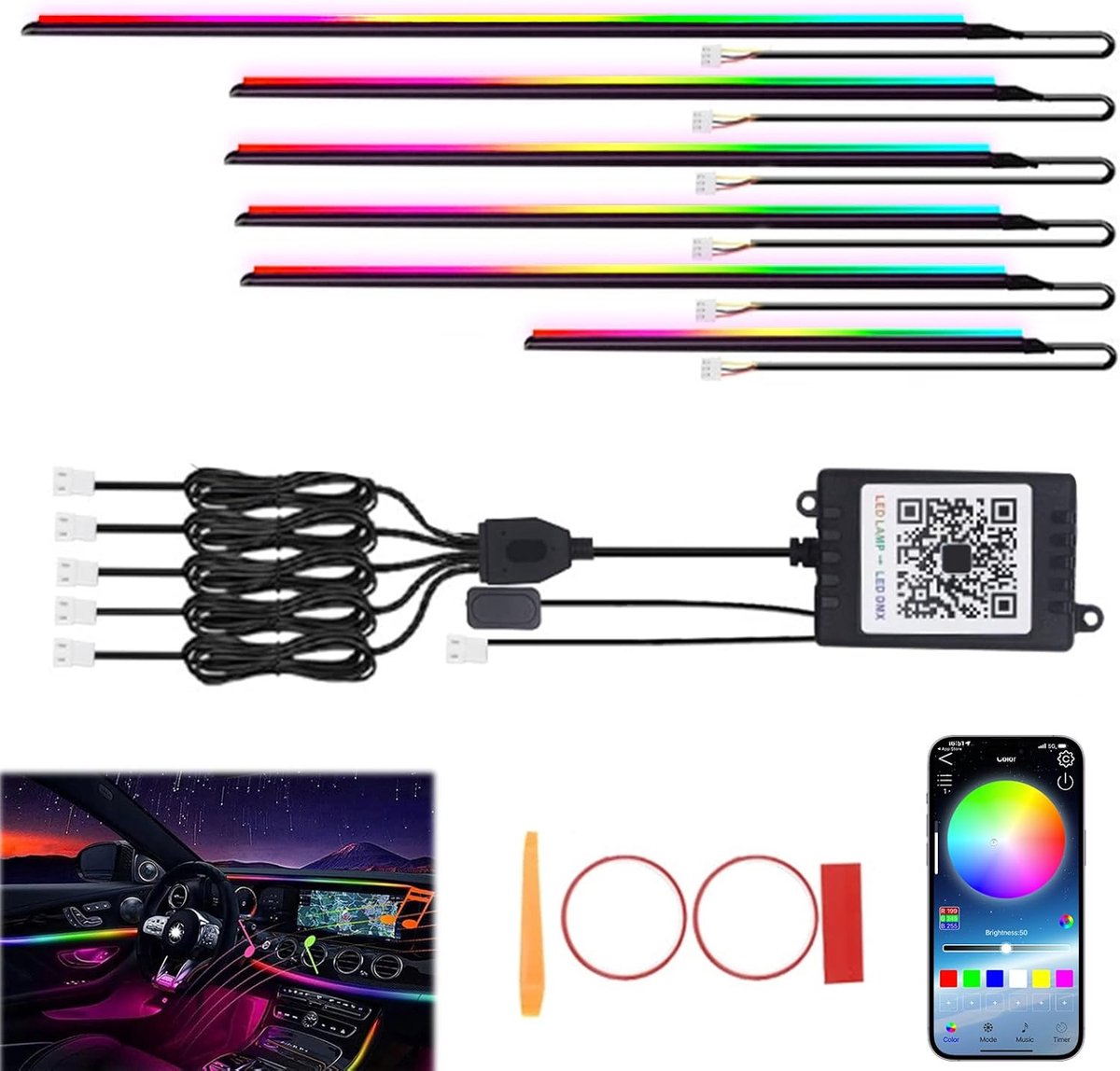 SnelShoppen - Car Mood Light 6-in-1 LED Interieurverlichting, RGB Neon Strip Lights met 16 Miljoen Kleuren, USB Aansluiting, App Besturing, Perfect vo