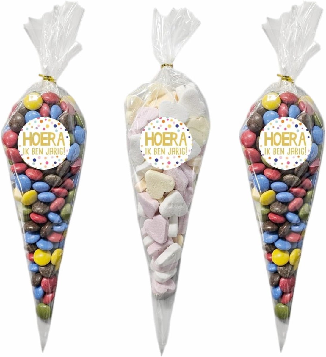 SnelShoppen - 50 Transparante Cellofaan Puntzakken 30x16cm + 60 Hiep Hiep Hiep Hurray! Stickers - Perfect voor Feestjes, Cadeaus en Verjaardagen