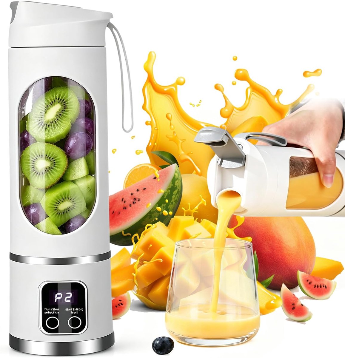 SnelShoppen - Draagbare Blender Smoothie Maker 450 ml Oplaadbaar Mini-Mixer To Go met LED-Display, 12 Messen, BPA-vrij, Ideaal voor Milkshake, Sap en