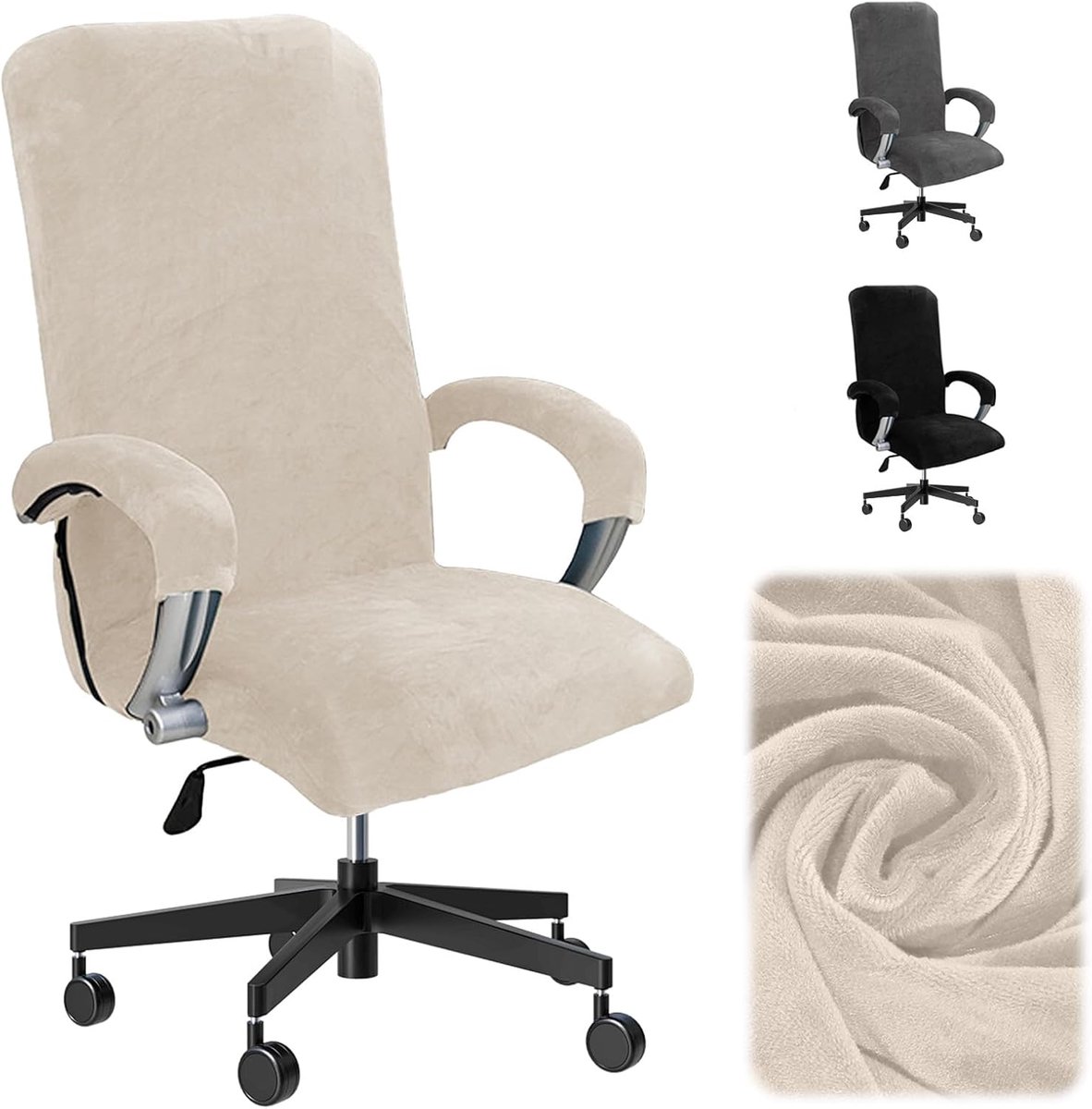 SnelShoppen - Velvet Plush Kantoorstoel Bekleding met Armleuningen - Beige XL - Luxe Velours Stoelhoes voor Thuis en Kantoor - Beschermend en Comforta