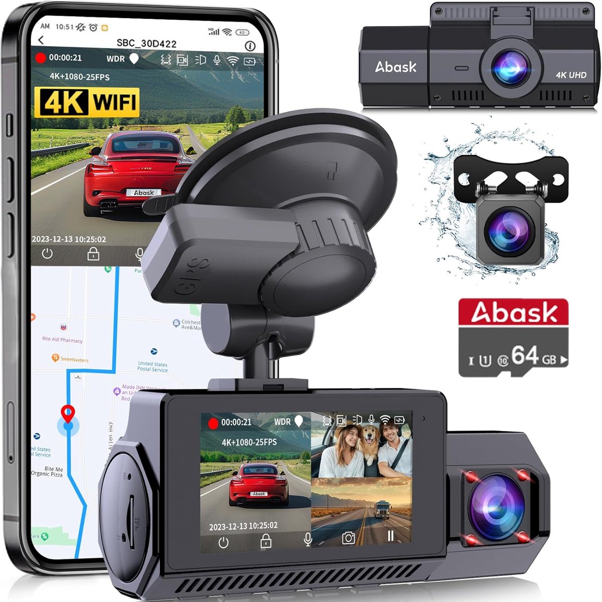 SnelShoppen - 3-Kanaals Dashcam voor Auto met WiFi, GPS, 4K + 1080p + 1080p, 64GB Geheugenkaart, 2.45 Inch Scherm, Nachtzicht, Parkeerbewaking en G-Se
