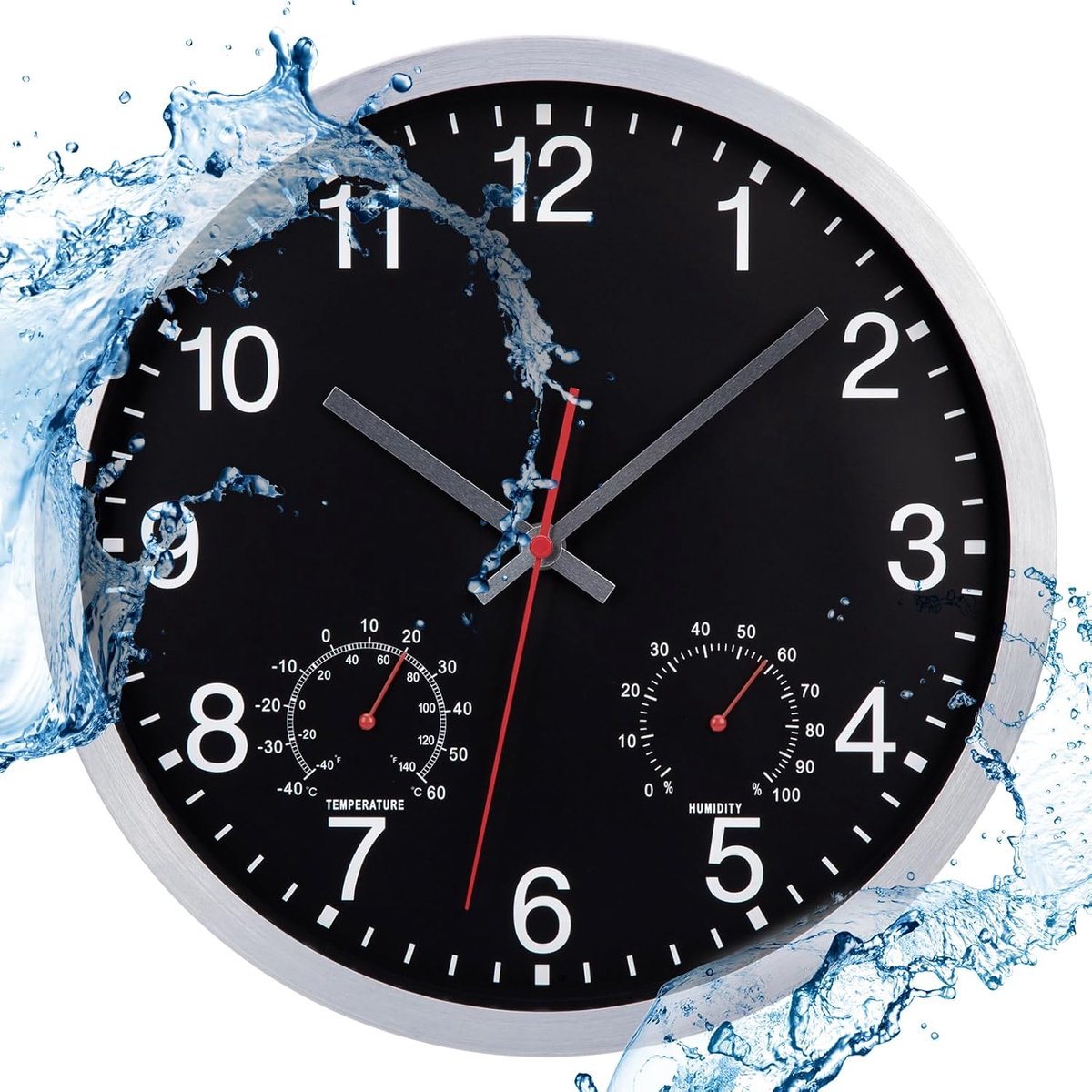 SnelShoppen - Outdoor Wandklok met Thermometer en Hygrometer - Waterdichte Tuin Klok - 30 cm Zwart - Stil en Noiseless - Perfect voor Buitengebruik en