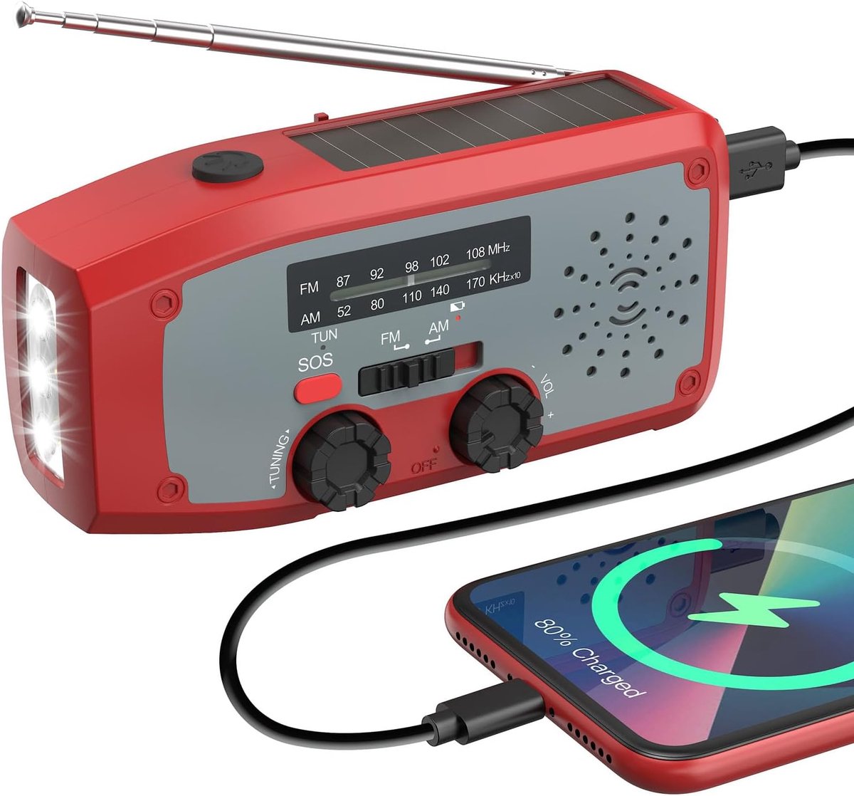 SnelShoppen - Emergency Radio Solar Powered - Draagbare Radio met LED Zaklamp, SOS Alarm, AM/FM, 2000mAh Powerbank voor Noodgevallen, Rood - Ideaal vo