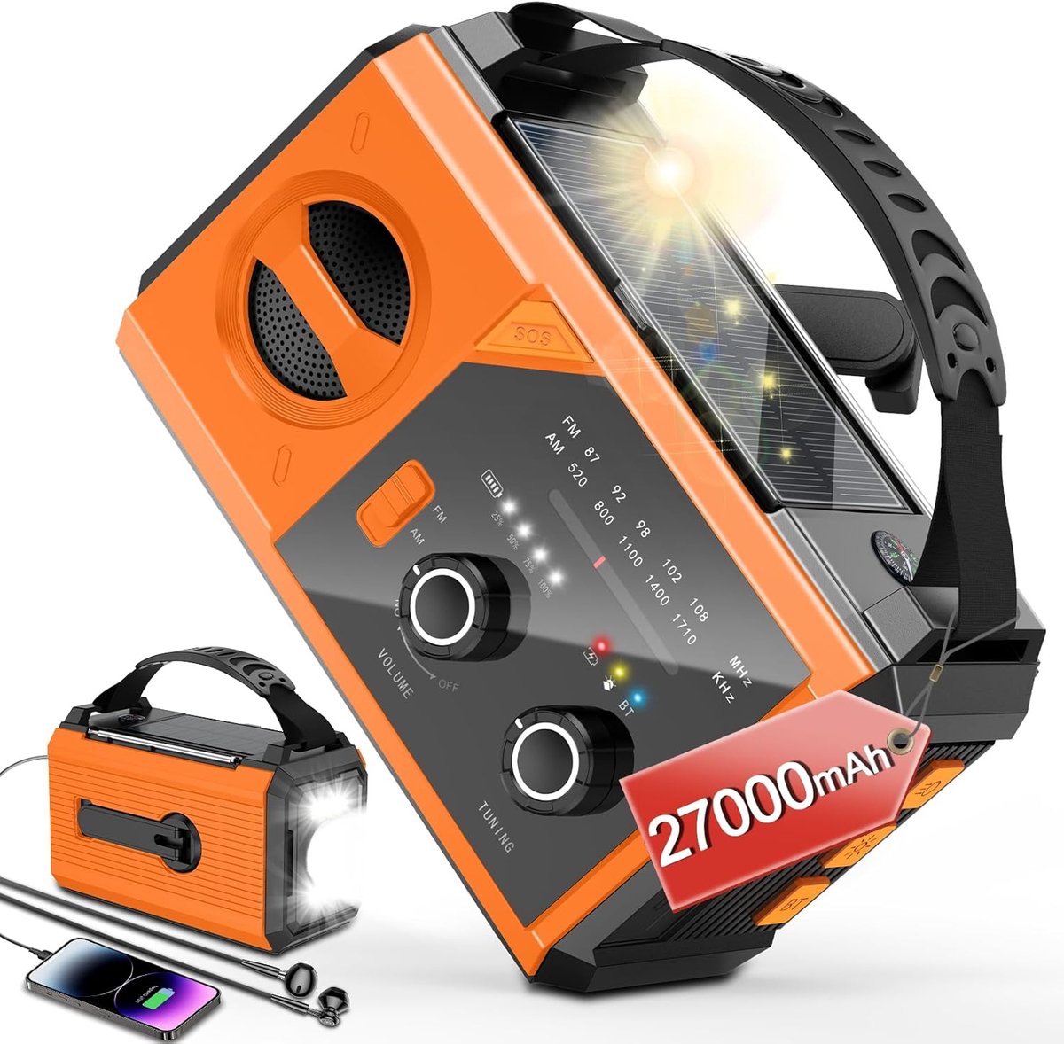 SnelShoppen - 27000mAh Noodradio met Bluetooth, AM/FM Solar Crank Radio voor Noodgevallen, Zaklamp, Leestocht, SOS, Kompas voor Storm en Camping