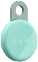 Turquoise Chipolo met grijze lus, geïsoleerd op witte achtergrond.