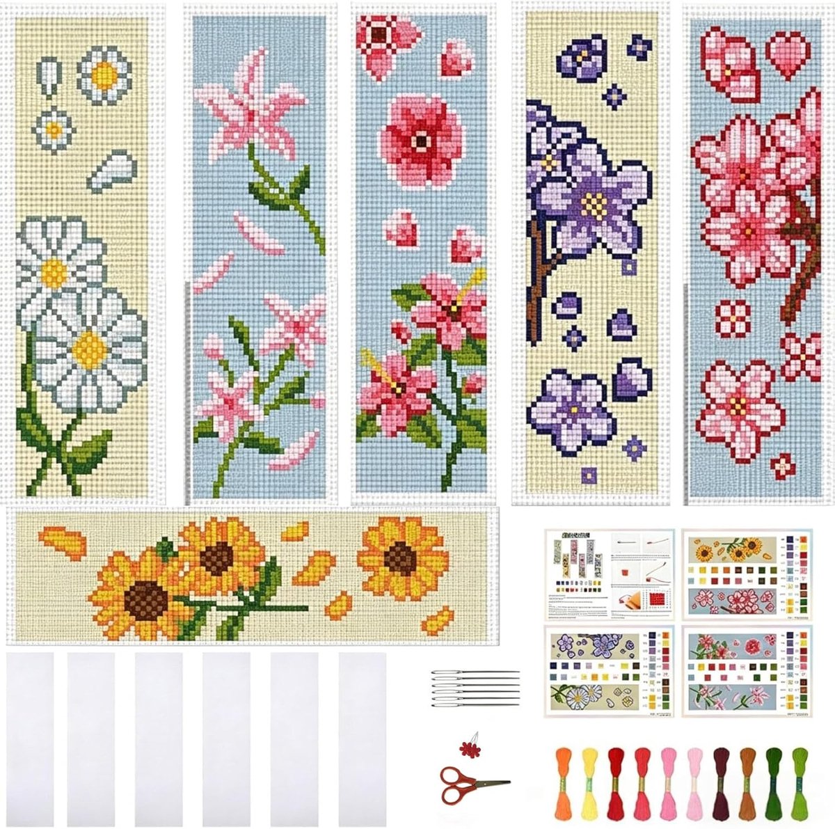 SnelShoppen - 6 Set Borduurpakketten - Zonnebloem Boekenlegger met Instructies - Bloem Motief Borduurset voor Beginners - Creatief Cadeau Set