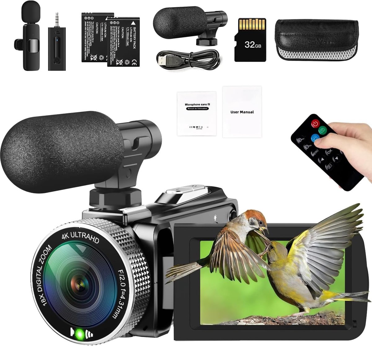 SnelShoppen - 4K Video Camera 48MP 30FPS Camcorder voor YouTube, FHD1080P Vlogging Recorder met 18X Digital Zoom, 3.0'' Rotating IPS Scherm, Inclusief