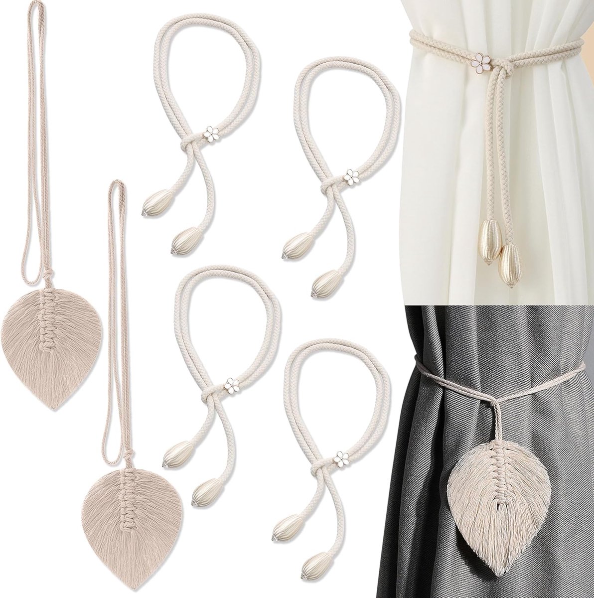SnelShoppen - 6 Stuks Handgeweven Gordijnhouders, Beige Gordijn Straps, Decoratieve Gordijn Klemmen voor Woonkamer, Slaapkamer en Kantoor, Multifuncti