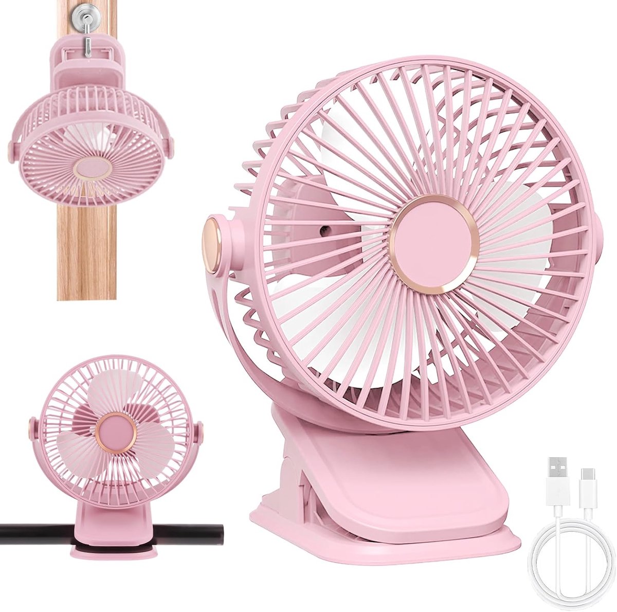 SnelShoppen - Clip-on ventilator oplaadbaar, stil, 5 snelheden, 720° rotatie, roze, perfect voor kinderwagen, thuis, kantoor, buiten en reizen
