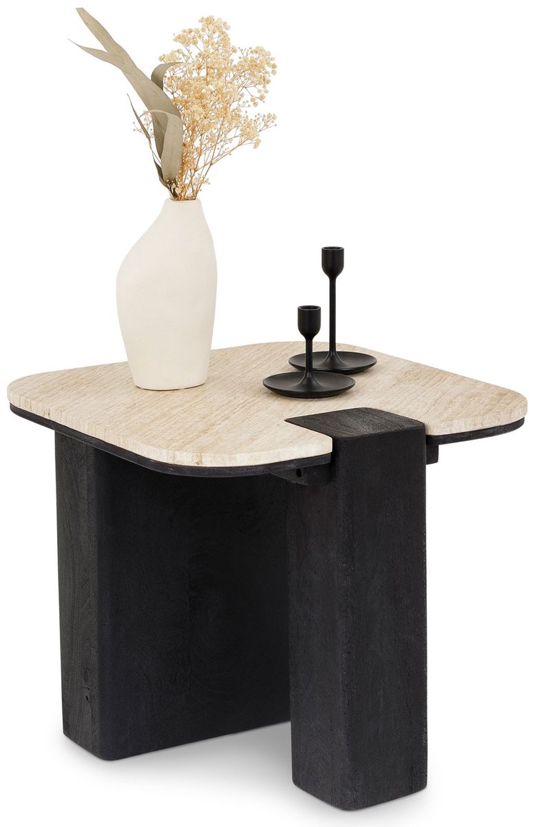 Salontafel DELHI van travertijn en massief mangohout – beige/zwart