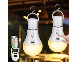 SnelShoppen - Oplaadbare LED Lamp E27 met Afstandsbediening, Dimbare 3 Kleuren, USB-C, 7W, 2 Stuks, Ideaal voor Buiten, Camping, Tuin en Noodgevallen
