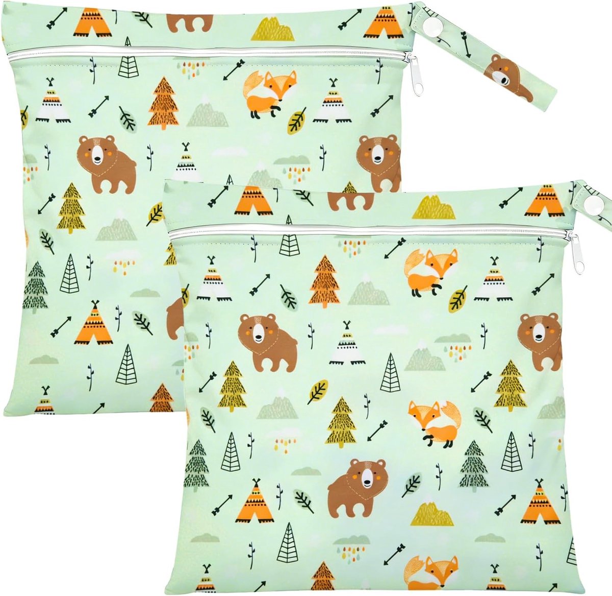 SnelShoppen - 2 Waterdichte Tassen, Herbruikbare Natte Zwemtas, Wasbare Luiertas met Rits voor Babyspullen, Kleding, Sport en Zwemmen (Beer + Vos)