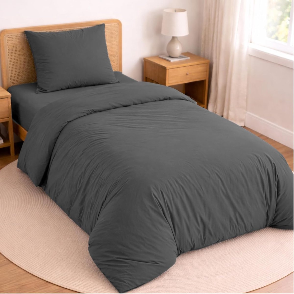 SnelShoppen - 3-delige Bedset 90x190 cm - Dekbedovertrek 140x190 cm, Hoeslaken 90x190 cm + Kussensloop 65x65 cm - Grijs, Microvezel, Oeko-Tex - Comple