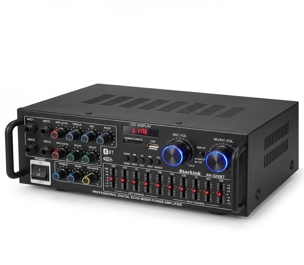 SnelShoppen - HiFi Stereo Versterker 2000 W, Subwoofer Thuisbioscoop Versterker met Bluetooth 5.4, FM, USB, SD, AUX, Karaoke, 10-Band Equalizer en 4 M