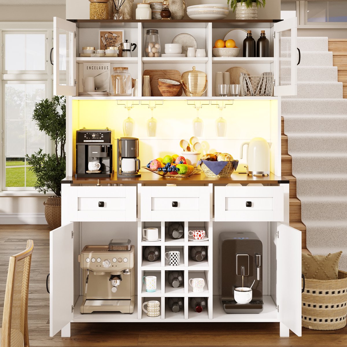 Wishdor - Keukenkast - Hoge opbergkast met 4 deuren, 3 lades, LED en stopcontacten - Landhuisstijl - Keuken of eetkamer - houtlook en glas - wit - 120 x 40 x 170 cm