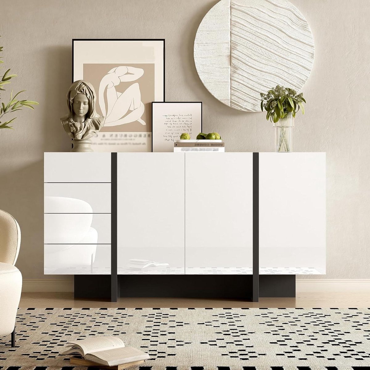 Hoogglans Dressoir - Moderne Kast - Woonkamer Opbergen - Veel Opbergruimte - 150cm Breed - Wit Zwart