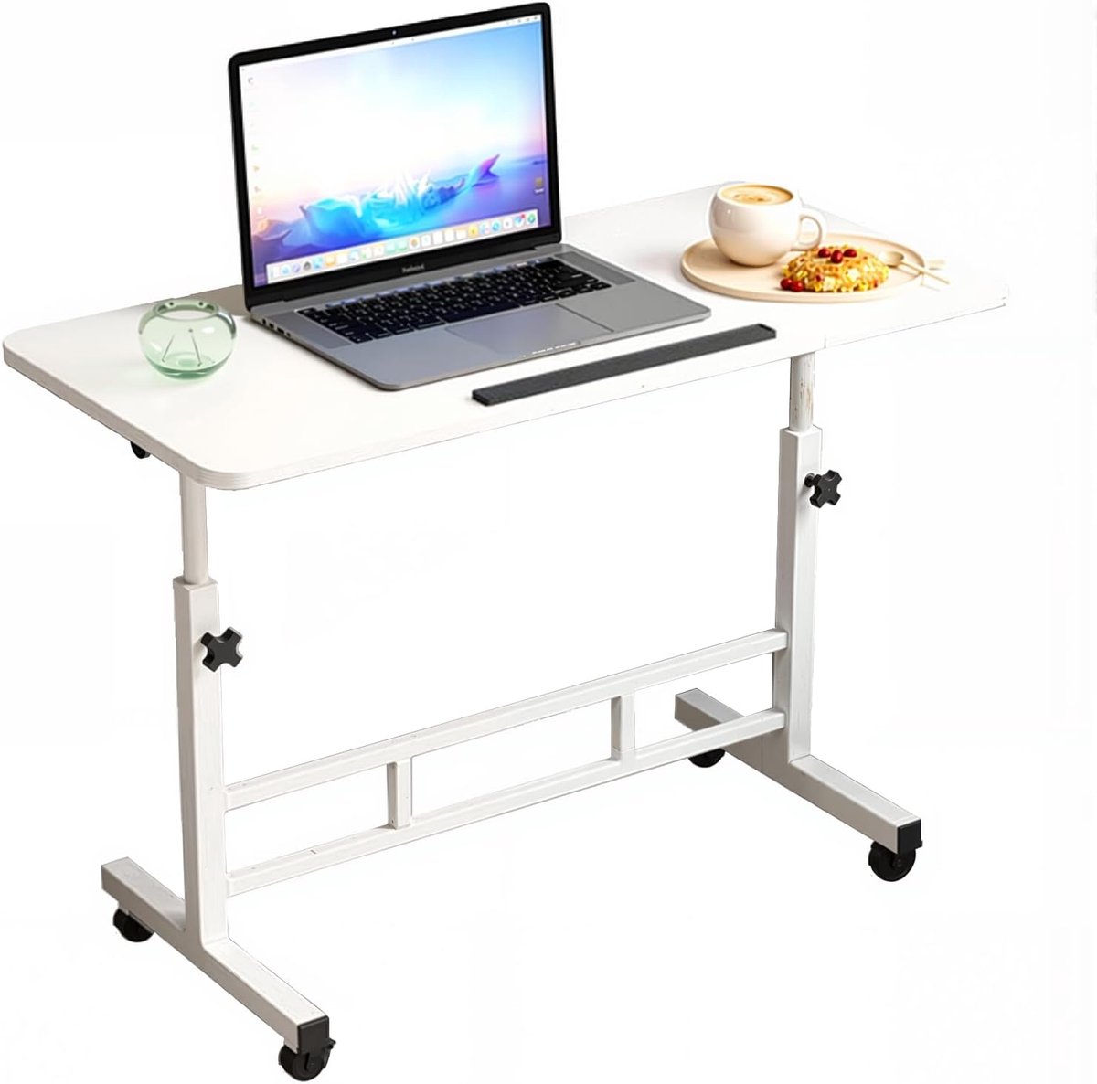 Mobiele Laptoptafel op Wielen - In Hoogte Verstelbaar (65-87 cm) - Verrijdbaar Sta-bureau & Bijzettafel voor Bank en Bed - Wit - 40 x 60 cm