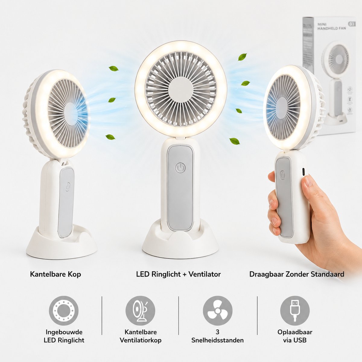 Litalife Handventilator - Opvouwbaar - wit - USB-C Oplaadbaar - Wit met Rondom Lampje