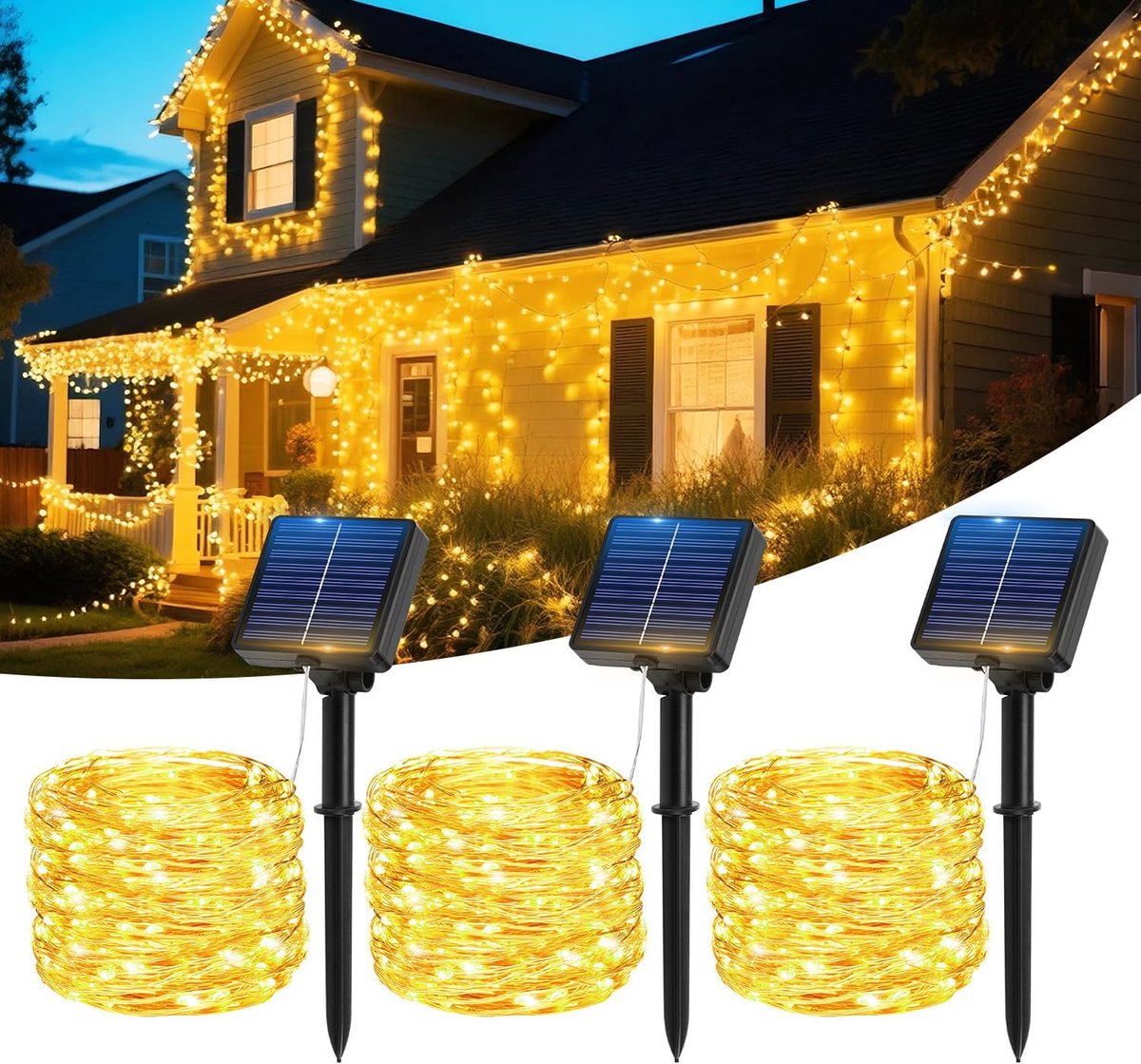 SnelShoppen - Lichtsnoer op zonne-energie 17 m - 150 LED's - IP65 waterdicht - 8 modi - Koperdraad - Tuin, Terras, Bruiloft, Kerstdecoratie - 3 stuks
