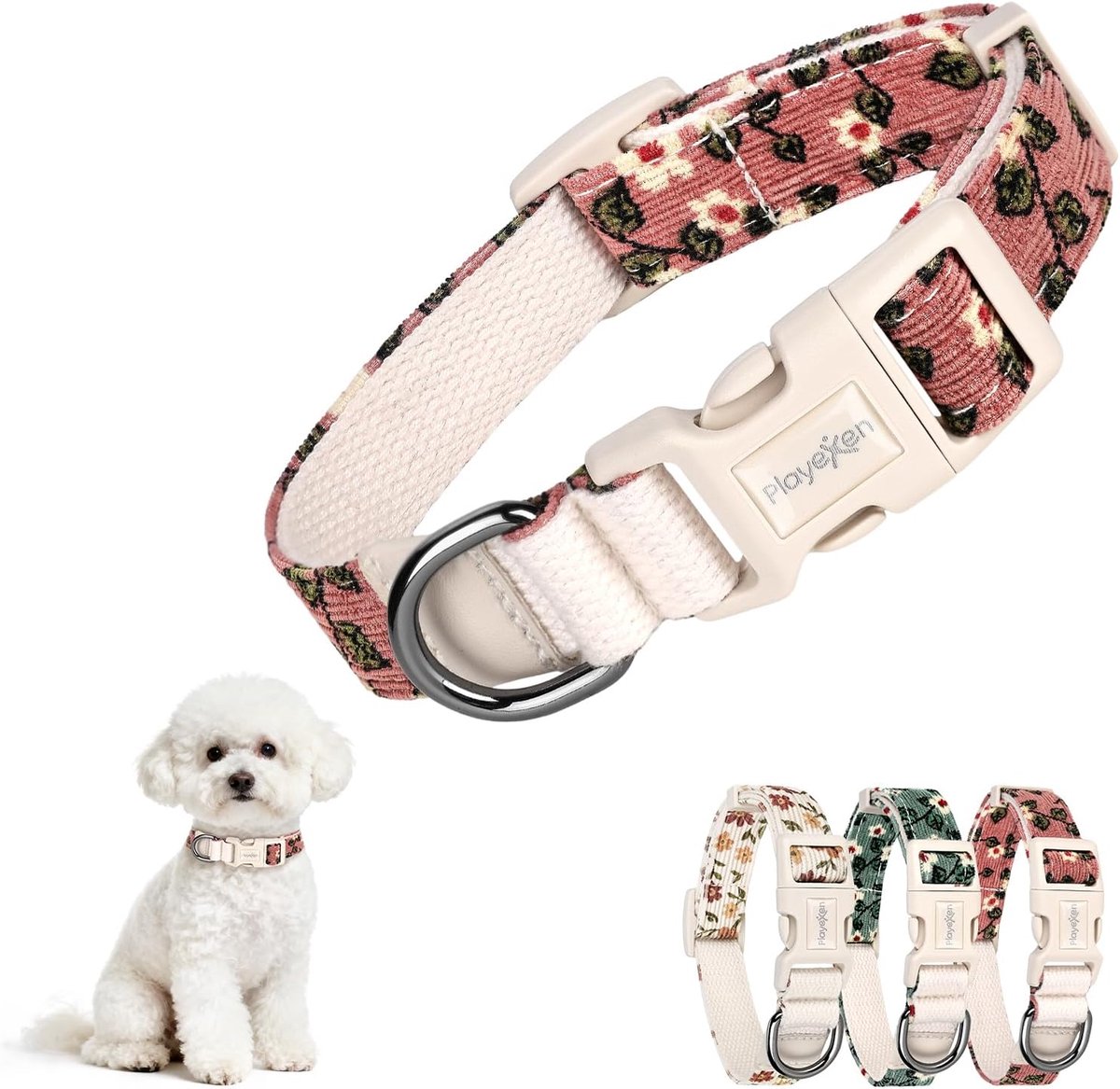 SnelShoppen - Hondenhalsband voor Kleine Honden Verstelbaar 25-40 cm, Roze Corduroy Katoen met Bloemenmotief, Geschikt voor Puppy’s en Katten, Trainin