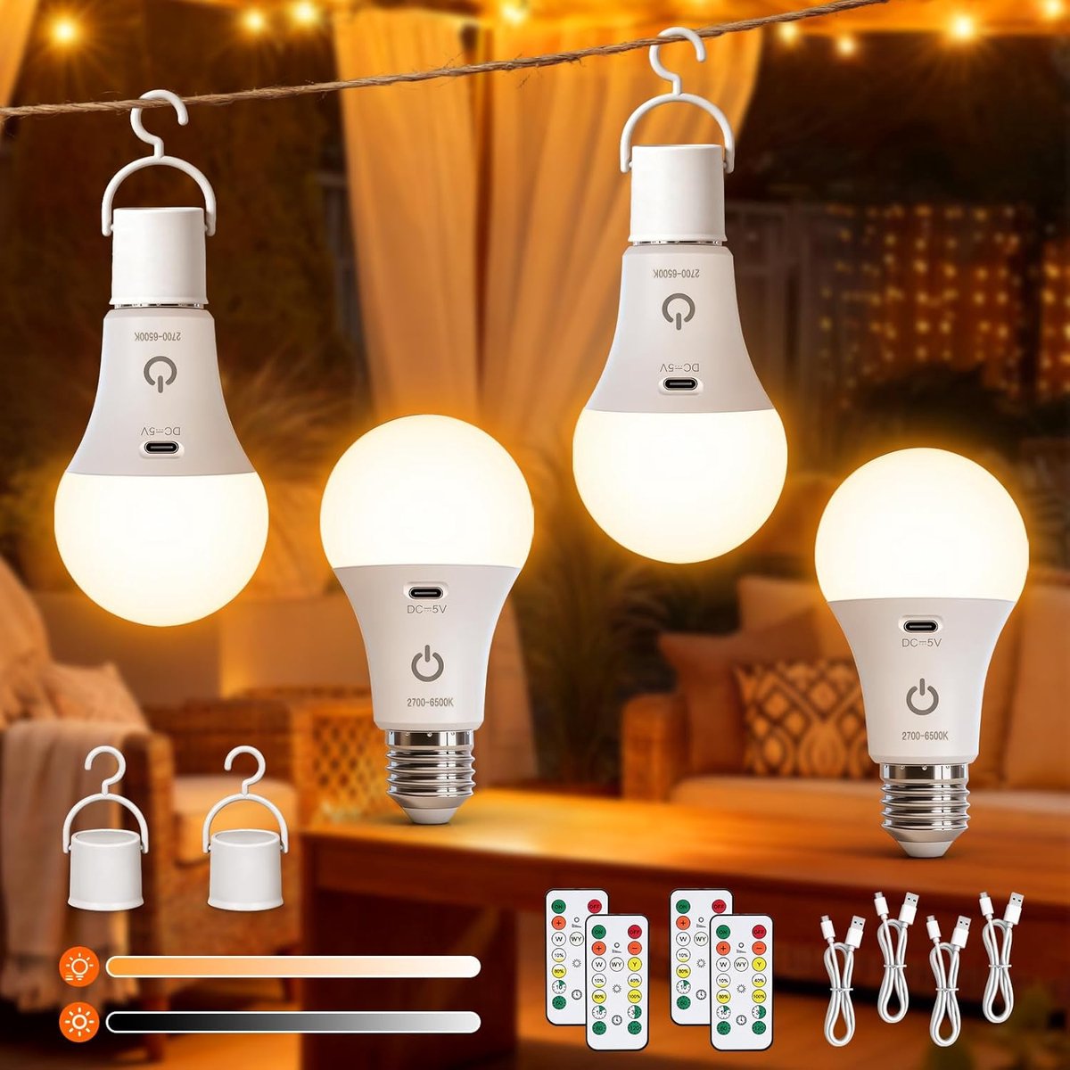 SnelShoppen - Set van 4 Oplaadbare E27 Lampen met Afstandsbediening, Dimbare USB LED Lampen, 3 Kleurtemperaturen, Ideaal voor Thuis, Camping, Feest, T