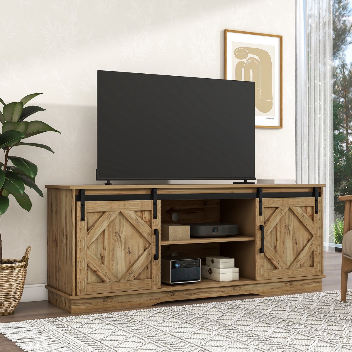 Wishdor Tv-Meubel - Schuifdeuren En Verstelbare Planken - Landelijke Stijl - Voor Woonkamer - Spaanplaat - Bruin - 150 X 40 X 60 Cm