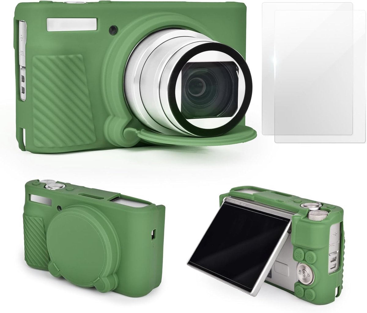 SnelShoppen - Cameratas voor SX730 SX740 met 2 Displaybeschermfolies, Zachte Siliconen Hoes, Groene Tas voor Canon PowerShot, Casual Camera Accessoire