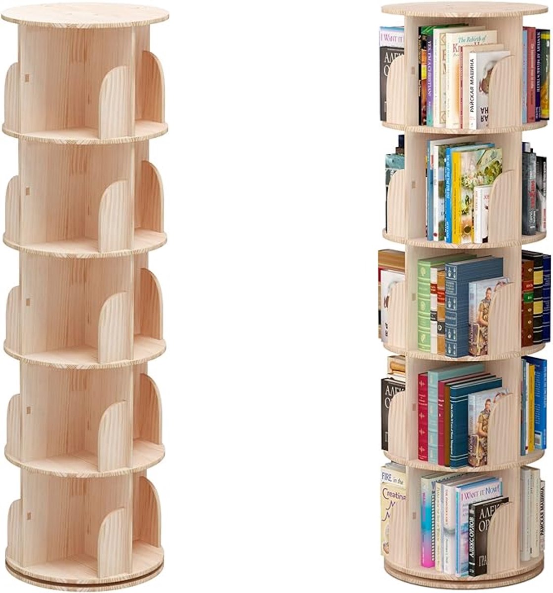Roterende Boekenkast 360° - Vrijstaand Houten Boekenrek Met 5 Planken - Multifunctionele Draaibare Boekentoren Voor Kinderen En Volwassenen - Ruimtebesparende Opbergkast Voor Woonkamer, Slaapkamer En Kantoor