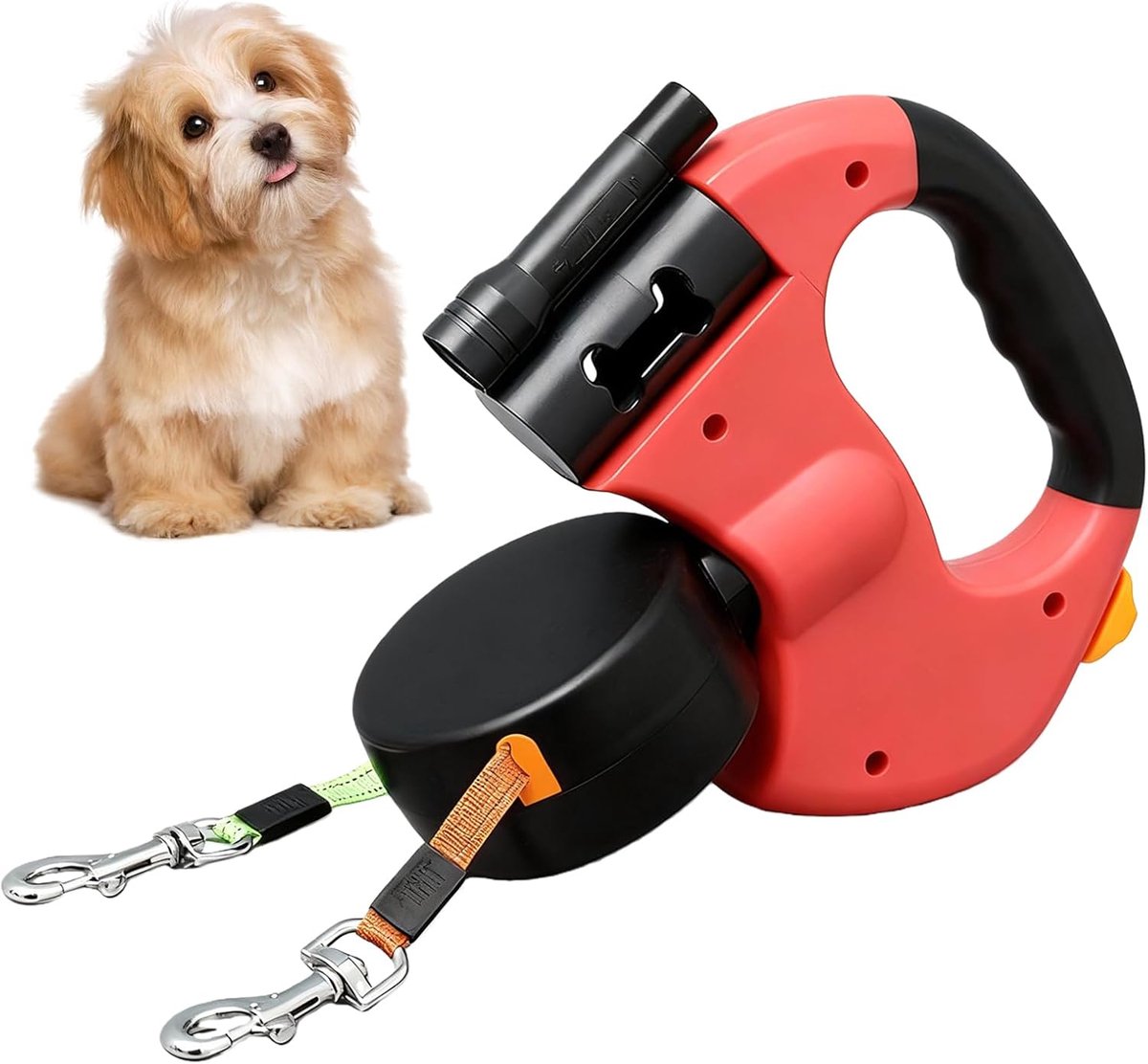 SnelShoppen - Retractable Dog Leash voor 2 Honden, 3m Dubbele Leiding met Licht, Antislip Handvat, Uittrekbaar, Rol-Leash voor Kleine en Middelgrote H