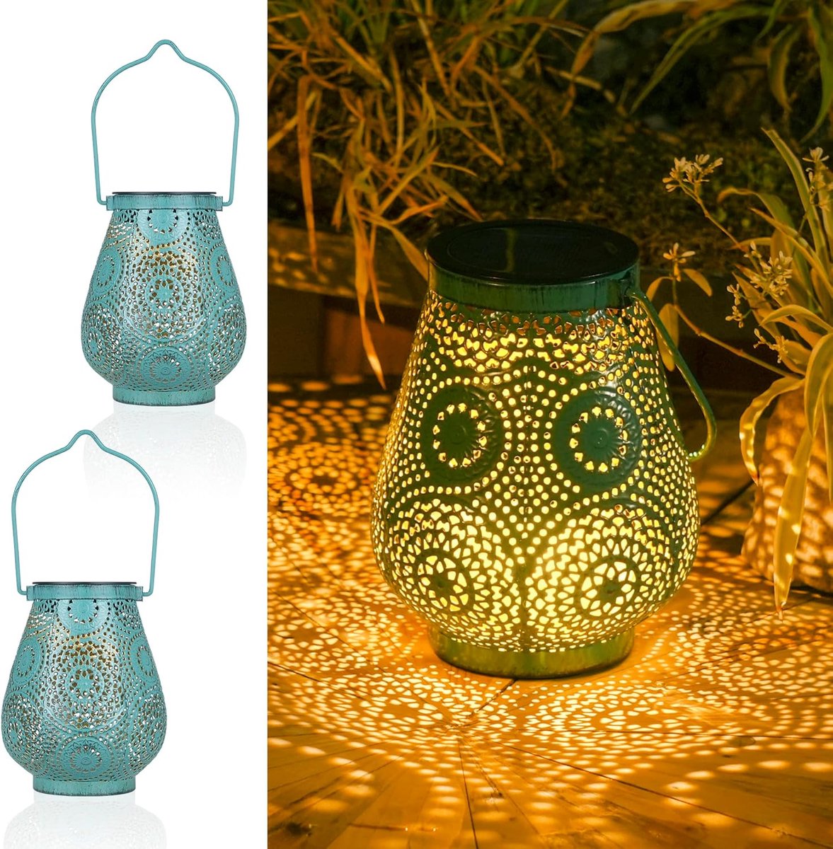 SnelShoppen - Solar Lantaarn Buiten 2 Stuks Marokkaanse Tuinlampen Hangend Staand IP65 Waterdicht Turquoise Voor Balkon Patio Tafel Feest Decoratie