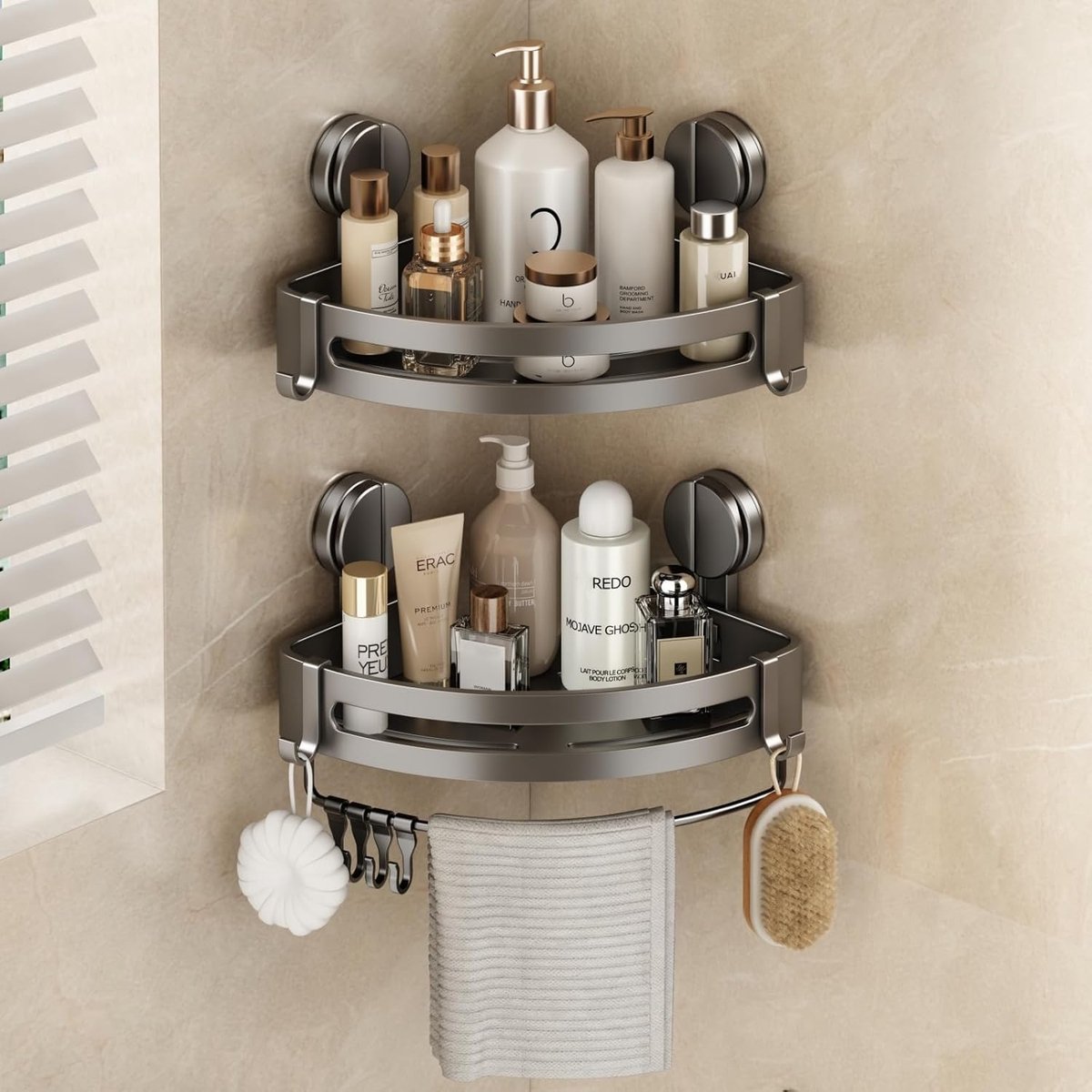 SnelShoppen - Shower Shelf Suction Cup Zonder Boren, Hoek Badkamer Plank, Driehoekige Badmand, Badkamer Rek, Voor Douche, Keuken, Toilet, Shampoo en D