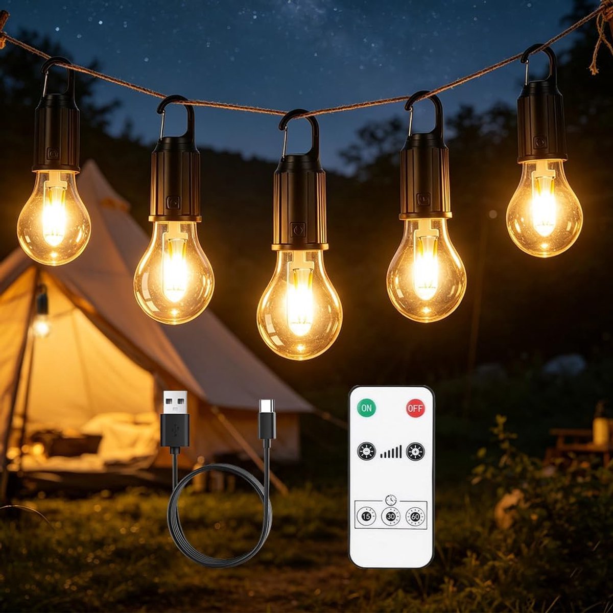 SnelShoppen - 5x Campinglamp met Afstandsbediening, Waterdichte Tentverlichting met Carabiner, Oplaadbaar via USB & Zonne-energie, 3 Helderheidsstande