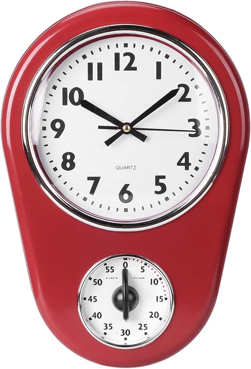 SnelShoppen - Vintage Wandklok Rood - Retro Keuken Klok met Timer - Decoratieve Klok voor Woonkamer en Keuken - Uniek Design voor Binnengebruik
