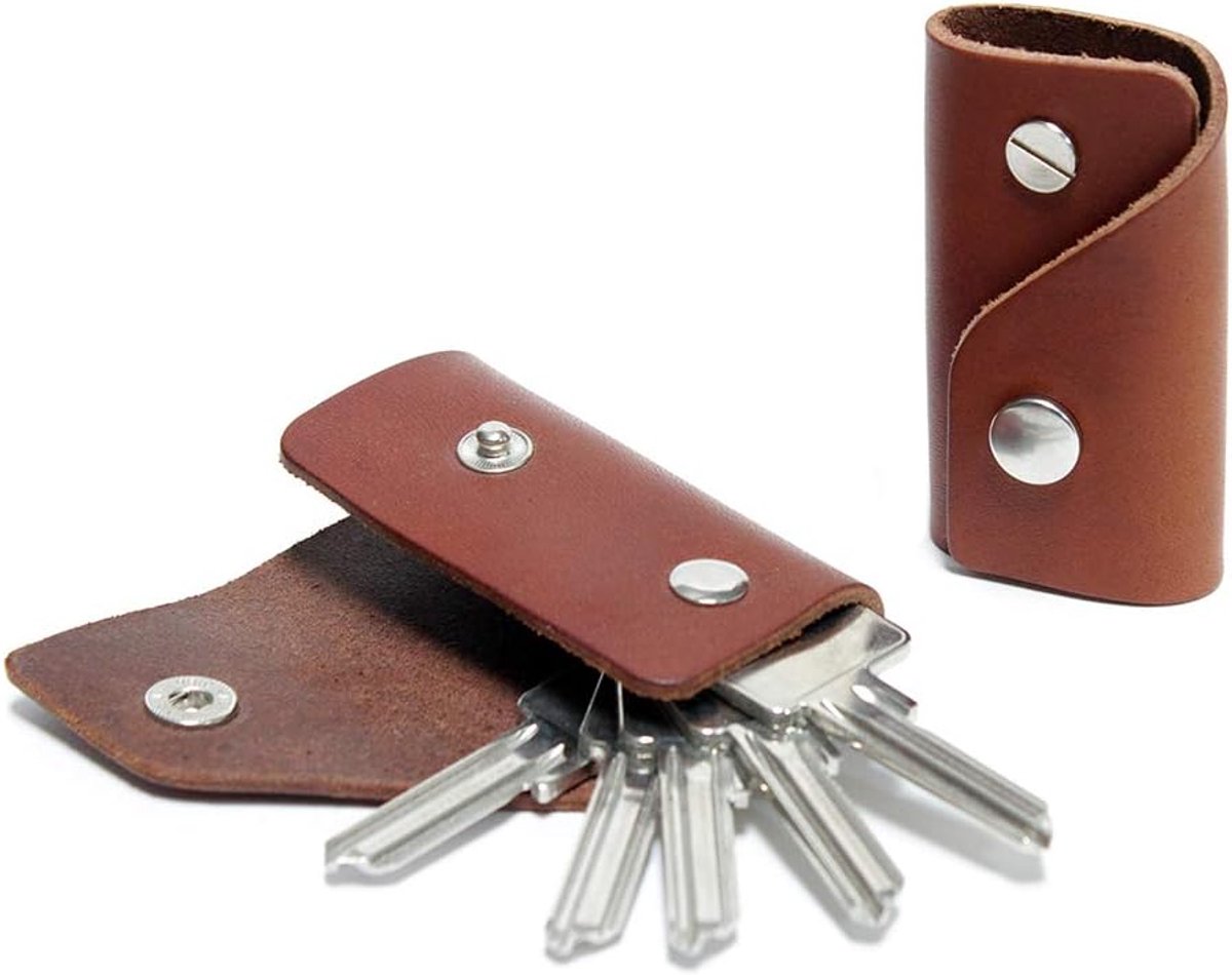SnelShoppen - Sleutelhanger leren key case Kingsley S voor 5 sleutels, handgemaakt in Duitsland, lichtbruin, plantaardig gelooid leer, compact en stij
