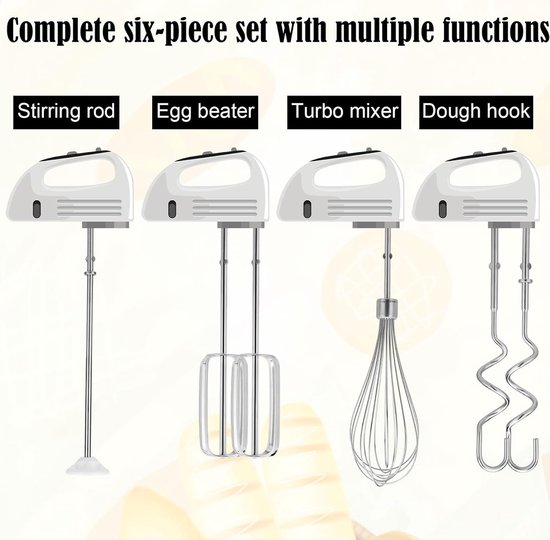 SnelShoppen - Hand Mixer Accessoires Set - 2 Turbo Kloppers, 1 Eiklopper, 2 Deeghaken en 1 Mengstaaf - Roestvrij Staal - Voor Keuken, Bakken, Koken van Snelshoppen — afbeelding 2